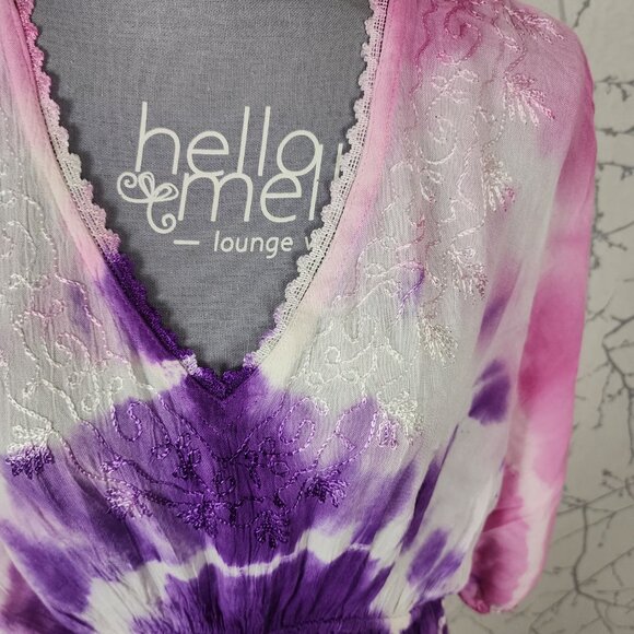 India Boutique Pink Purple Tie Dye Print Cinch Waist Beach Cover Tunic - Picture 3 of 8